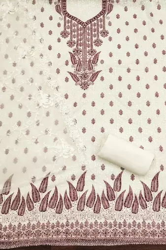 Women's white heavy thread embroidery georgette dress material
