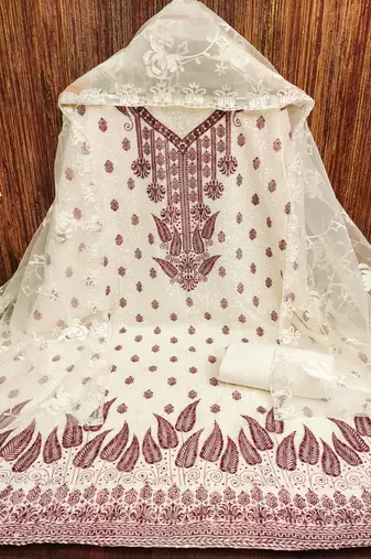 Women's white heavy thread embroidery georgette dress material