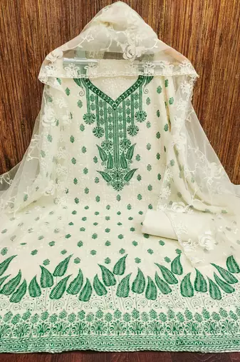 Women's white heavy thread embroidery georgette dress material
