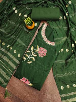 Women's green heavy multi thread embroidery jaam cotton dress material 1