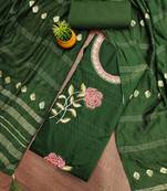 Women's green unstitched heavy multi thread embroidery jaam cotton dress material 