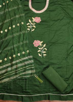Women's green heavy multi thread embroidery jaam cotton dress material 2