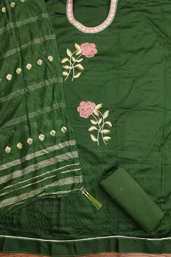 Women's green heavy multi thread embroidery jaam cotton dress material