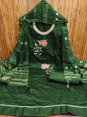 Women's green heavy multi thread embroidery jaam cotton dress material 3