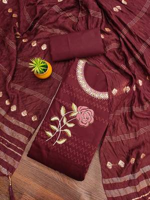 Women's maroon heavy multi thread embroidery jaam cotton dress material 1