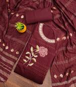 Women's maroon unstitched heavy multi thread embroidery jaam cotton dress material 