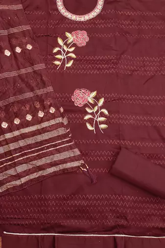 Women's maroon heavy multi thread embroidery jaam cotton dress material