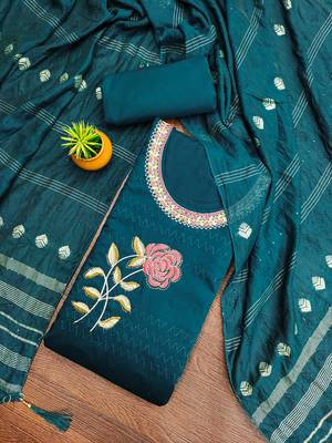 Women's teal blue heavy multi thread embroidery jaam cotton dress material 1