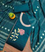 Women's teal blue unstitched heavy multi thread embroidery jaam cotton dress material 