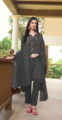 Grey hand embroidery satin stitched asymmetrical  trouser kurta & dupatta  1