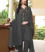 Grey hand embroidery satin stitched asymmetrical  trouser kurta & dupatta 