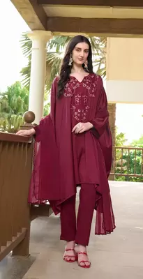 Maroon hand embroidery satin stitched asymmetrical  trouser kurta & dupatta  1