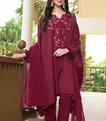 Maroon hand embroidery satin stitched asymmetrical  trouser kurta & dupatta 
