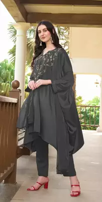Grey hand embroidery satin stitched asymmetrical  trouser kurta & dupatta  3