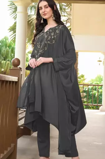 Grey hand embroidery satin stitched asymmetrical  trouser kurta & dupatta 