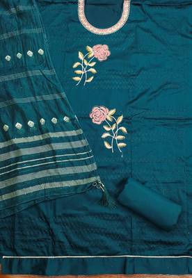 Women's teal blue heavy multi thread embroidery jaam cotton dress material 2
