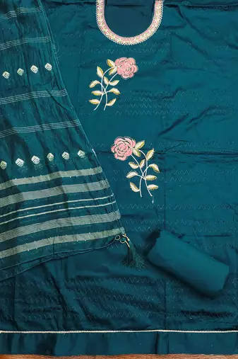Women's teal blue heavy multi thread embroidery jaam cotton dress material