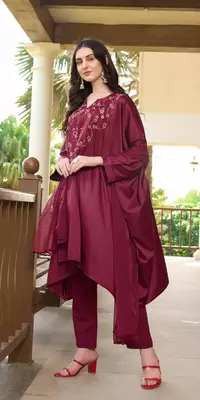 Maroon hand embroidery satin stitched asymmetrical  trouser kurta & dupatta  3