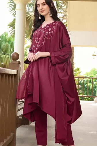 Maroon hand embroidery satin stitched asymmetrical  trouser kurta & dupatta 