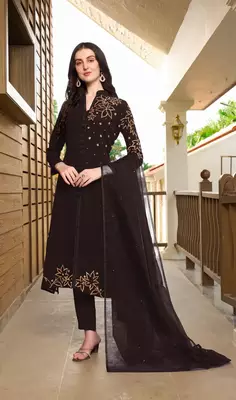Brown hand embroidery georgette stitched a line trouser kurta & dupatta  1