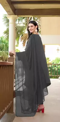 Grey hand embroidery satin stitched asymmetrical  trouser kurta & dupatta  4