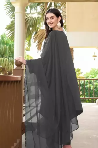 Grey hand embroidery satin stitched asymmetrical  trouser kurta & dupatta 