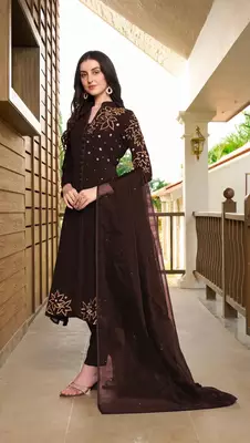 Brown hand embroidery georgette stitched a line trouser kurta & dupatta  3