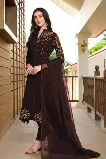Brown hand embroidery georgette stitched a line trouser kurta & dupatta 
