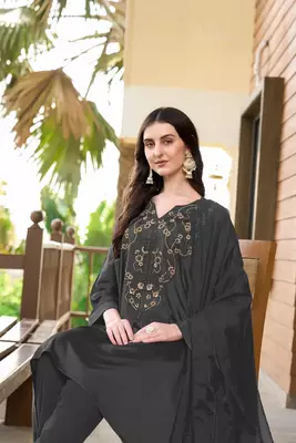 Grey hand embroidery satin stitched asymmetrical  trouser kurta & dupatta  5