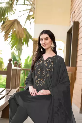 Grey hand embroidery satin stitched asymmetrical  trouser kurta & dupatta 