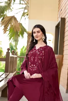 Maroon hand embroidery satin stitched asymmetrical  trouser kurta & dupatta  4