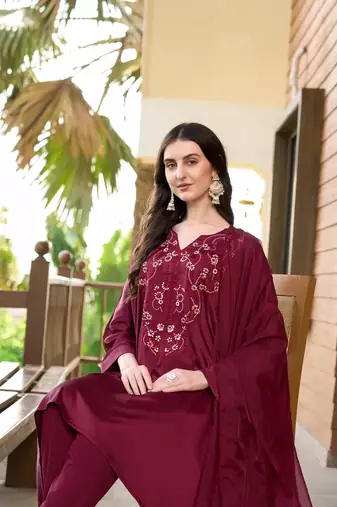 Maroon hand embroidery satin stitched asymmetrical  trouser kurta & dupatta 
