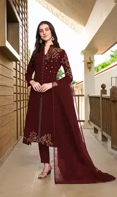 Maroon hand embroidery georgette stitched a line trouser kurta & dupatta  1