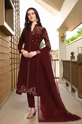 Maroon hand embroidery georgette stitched a line trouser kurta dupatta readymade suits