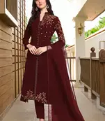 Maroon hand embroidery georgette stitched a line trouser kurta & dupatta 