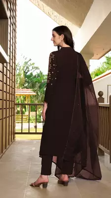 Brown hand embroidery georgette stitched a line trouser kurta & dupatta  4
