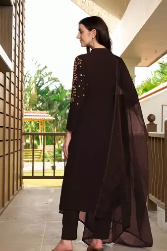 Brown hand embroidery georgette stitched a line trouser kurta & dupatta 