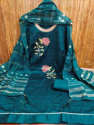 Women's teal blue heavy multi thread embroidery jaam cotton dress material 3