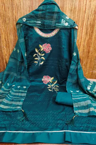 Women's teal blue heavy multi thread embroidery jaam cotton dress material