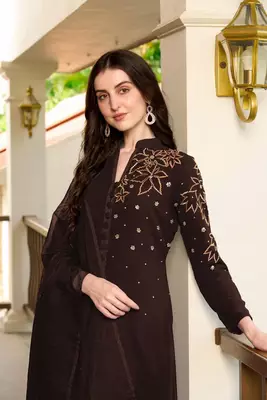 Brown hand embroidery georgette stitched a line trouser kurta & dupatta  5