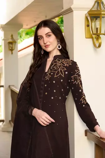 Brown hand embroidery georgette stitched a line trouser kurta & dupatta 