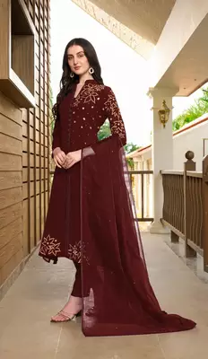 Maroon hand embroidery georgette stitched a line trouser kurta & dupatta  3