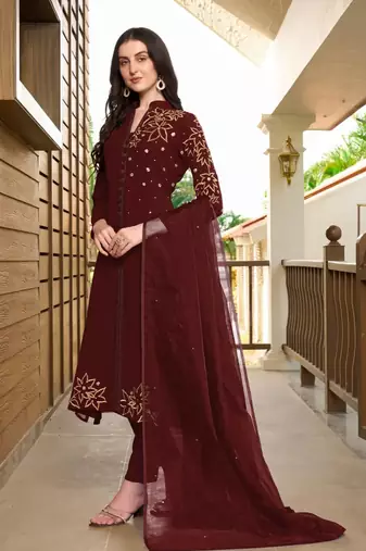Maroon hand embroidery georgette stitched a line trouser kurta & dupatta 