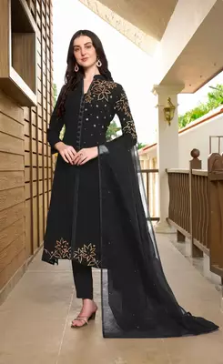 Black hand embroidery georgette stitched a line trouser kurta & dupatta  1