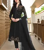 Black hand embroidery georgette stitched a line trouser kurta & dupatta 