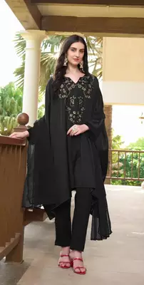 Black hand embroidery satin stitched asymmetrical  trouser kurta & dupatta  1