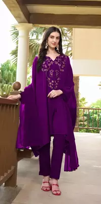 Purple hand embroidery satin stitched asymmetrical  trouser kurta & dupatta  1