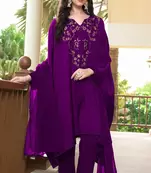 Purple hand embroidery satin stitched asymmetrical  trouser kurta & dupatta 