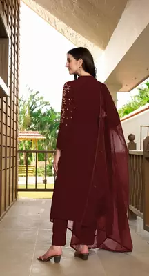 Maroon hand embroidery georgette stitched a line trouser kurta & dupatta  4