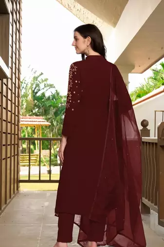 Maroon hand embroidery georgette stitched a line trouser kurta & dupatta 